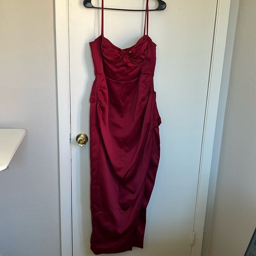 House of CB Flora Jewel Tone Satin Pleated Corset Midi Dress Size XL Wine - Picture 3 of 8